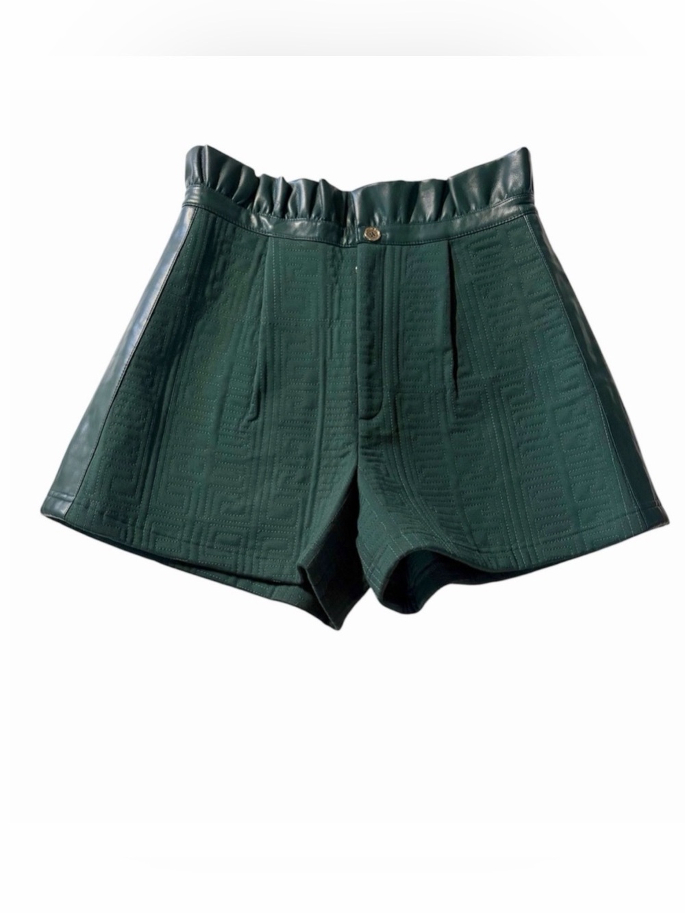 NWT Emily McCarthy Ruffle High Waist Short Scarab Green Vegan Leather Quilted